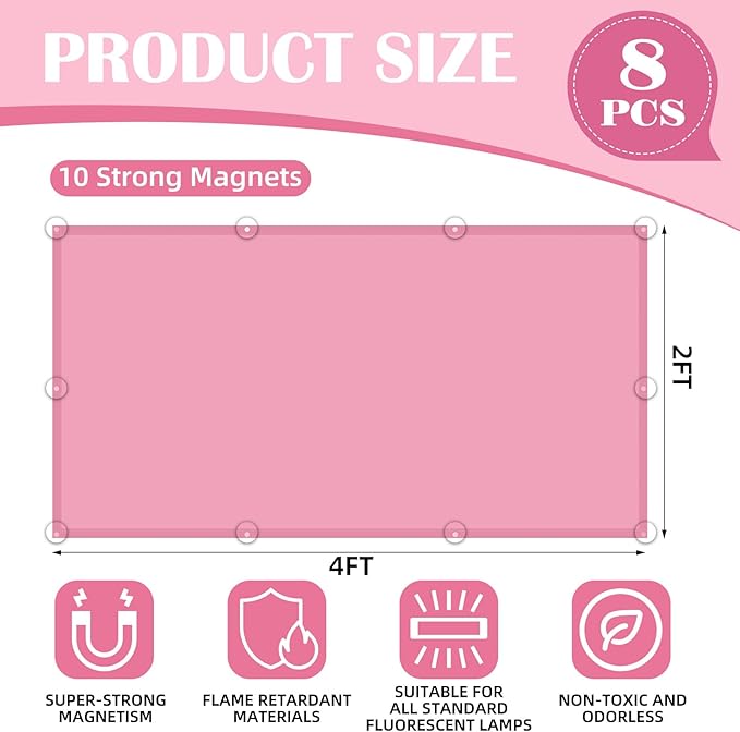 8 Pcs Fluorescent Light Covers - 4 x 2 Feet Covers for Ceiling Lights, Magnetic Light Filters for Classroom, Office, Hospitals, Home