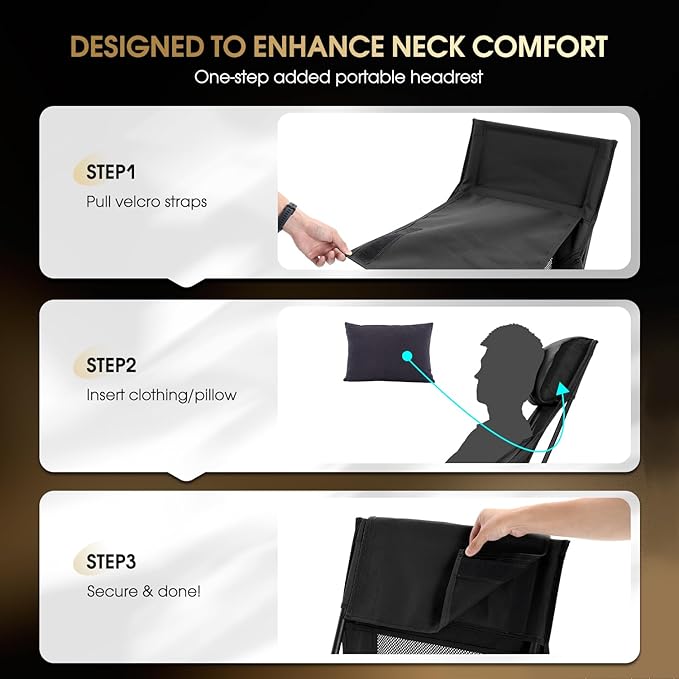 MOON LENCE Oversized High Back Camping Chair with Pillow for Adults, Height Adjustable Folding Camping Chair with 400 lbs Capacity, Hidden Pillow Pocket for Camping, Hiking, Picnics, Black