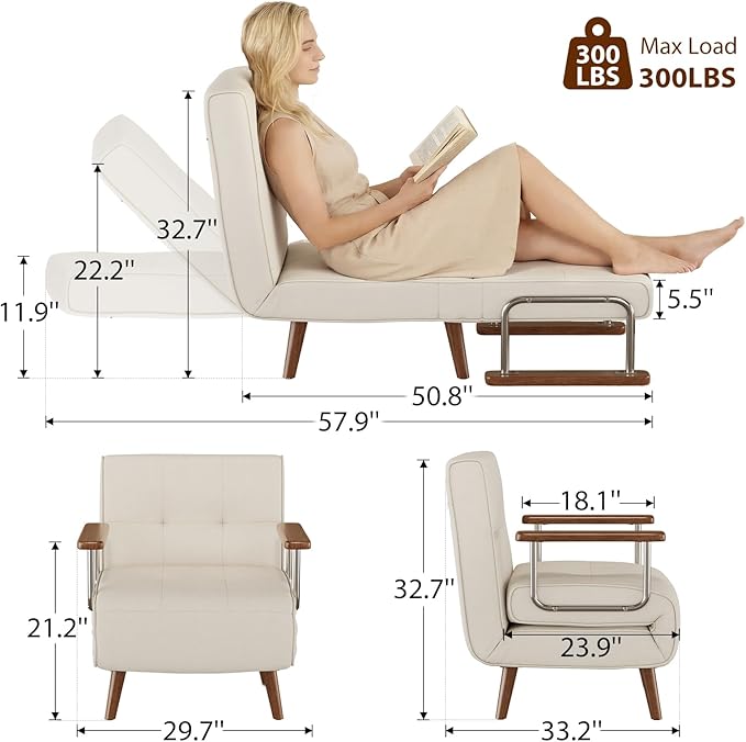 TIMBERKNOWS SUIYIMU Folding Chair Bed, 3-in-1 Convertible Sleeper Chair Bed, Futon Chair with 6-Level Adjustable Backrest for Guest Room Apartment Dorm, Cream Beige-Walnut