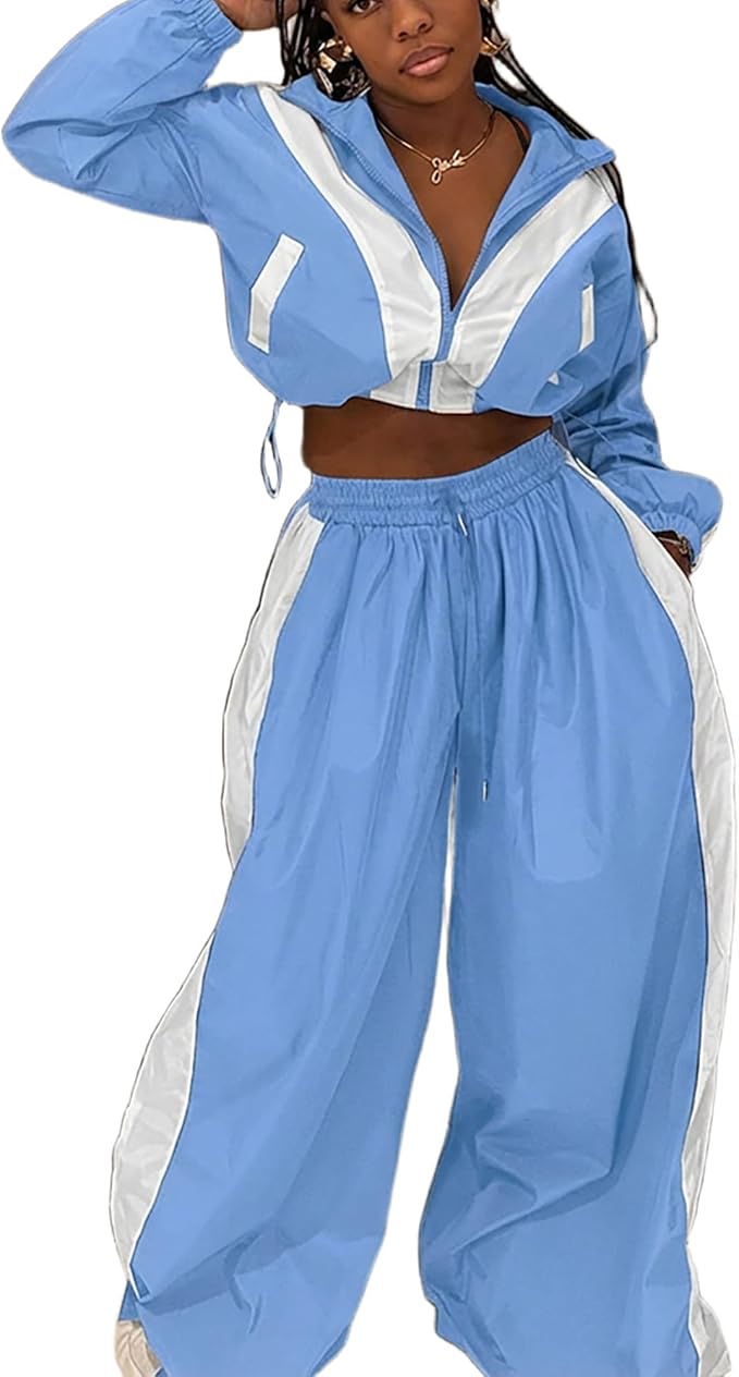 Women Striped 2 Piece Outfits Fall Workout Sets Windbreaker Tracksuit Crop Jacket Wide Leg Pants with Pockets