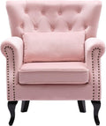 DM Furniture Mid Century Accent Chair for Living Room, Velvet Button Tufted Armchair Wingback Club Chair Single Sofa Lounge Chair with Pillow for Reception/Bedroom, Pink