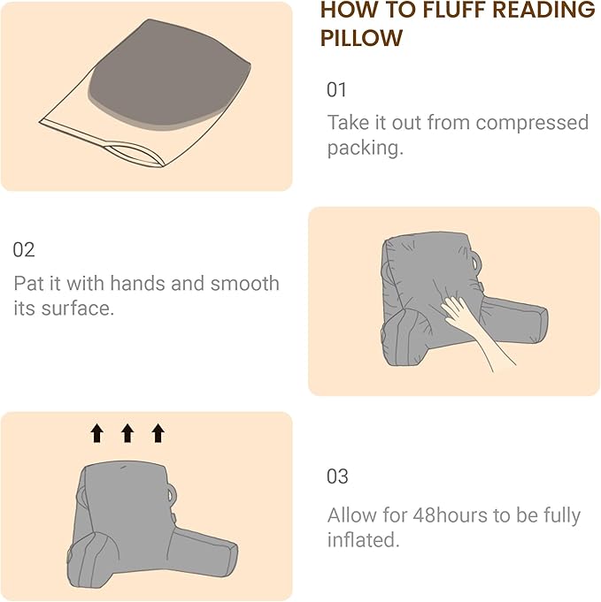 Unisakey Portable Comfy Reading Pillows for Bed Sitting Up(Beige Oeko-Tex), Velvet Back Pillow with Arms & Pockets for Adults, Support Memory Foam Bed Pillow for Dorm/Reading/Watching/Gaming