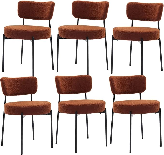Stabrech Brown Boucle Dining Chairs Set of 6, Upholstered Dinner Chair with Metal Frame, Dining Room Chairs with Padded Seat, Round Modern Seating for Living Room