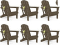Folding Adirondack Chairs Set of 6 - Plastic Adirondack Chairs with Cup Holder, Weather Resistant for Outdoor, Patio, Lawn, Garden, Backyard Deck, Fire Pit - Dark Brown
