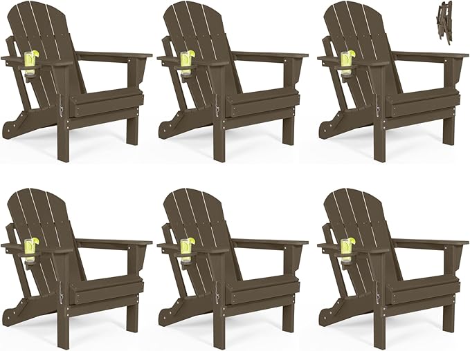 Folding Adirondack Chairs Set of 6 - Plastic Adirondack Chairs with Cup Holder, Weather Resistant for Outdoor, Patio, Lawn, Garden, Backyard Deck, Fire Pit - Dark Brown