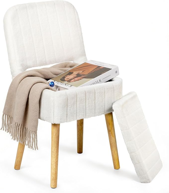 Shinoske Vanity Stool with Storage,White Faux Rabbit Fur Small Makeup Chair for Vanity,Storage Ottoman with Folding Back,Modern Footstool with 4 Solid Wood Legs for Bedroom,Living Room,Home Office
