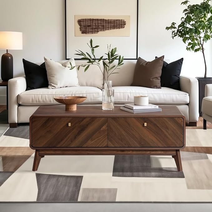 LuxenHome Coffee Table with Storage, 47" Mid Century Modern Coffee Table, Live Edge Coffee Tables for Living Room, Wooden Center Table with Ample Storage Space
