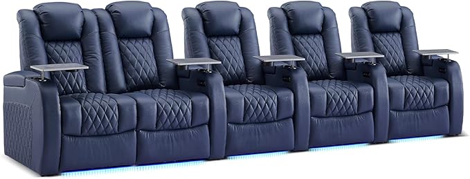 Weilianda Home Theater Seating Top Grain Leather Zero Gravity Recliner Chair Power Headrest Recline Movie Seat Gaming 7 Colors Mood Light Sofa with Tray Table USB Charge Row of 5 Loveseat Left Blue