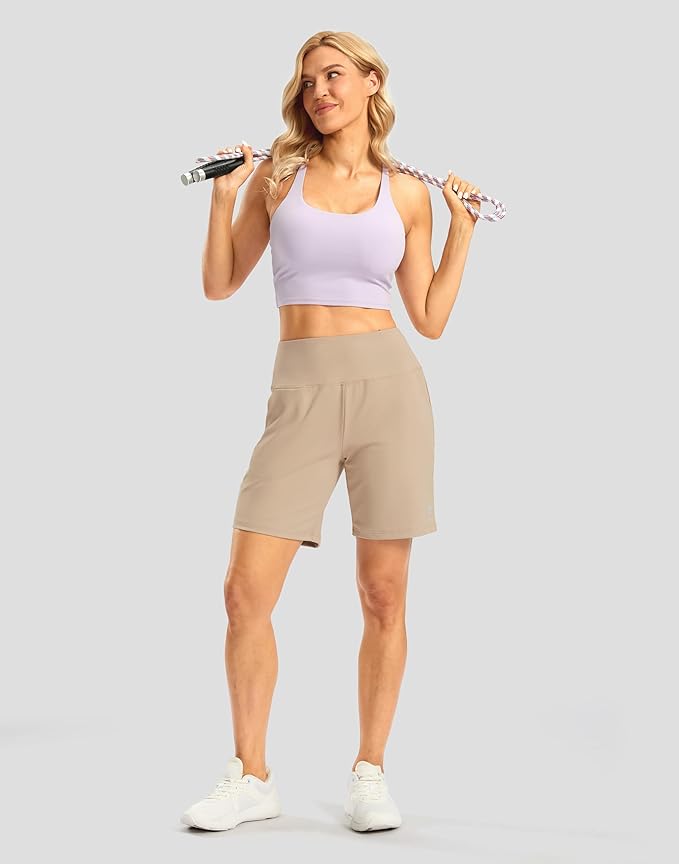 Women's Athletic Shorts with Zipper Pocket 7" High Waisted Stretchy Bermuda Shorts for Women Workout Running Casual