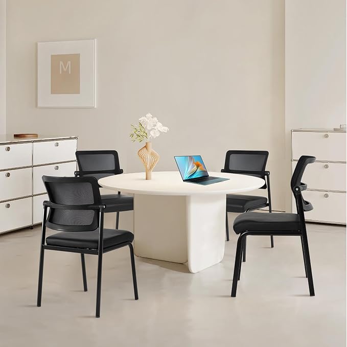CLATINA 4PK Mesh Stacking Office Desk Chairs, Portable Stackable Bulk Waiting Room Armless Chair with Adjustable Back & Leather Seat for Guest Lobby Side School Church Conference Break, Black