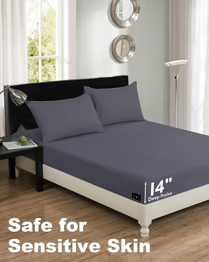 YOUBLAO Grounding Sheets Queen Size (60x80x14in), 90% Organic Cotton + 10% Silver Fiber, Grounding Sheet for Bed, Fitted Grounded Sheet for Improved Sleep, Earth Sheets with 15FT Cord Gray