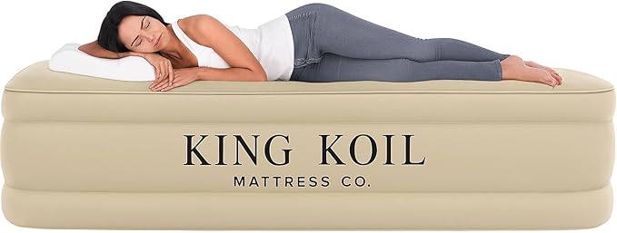 King Koil Luxury Twin Air Mattress with Built-in High Speed Pump for Camping, Home & Guests - 16" Twin Size Double High Airbed Luxury Inflatable Blow Up Mattress Waterproof