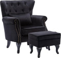 chairus Mid-Century Modern Accent Chair with Ottoman, Comfy Velvet Single Sofa Chair Button Tufted Wingback Armchair with Pillow for Living Room/Bedroom/Club - Black