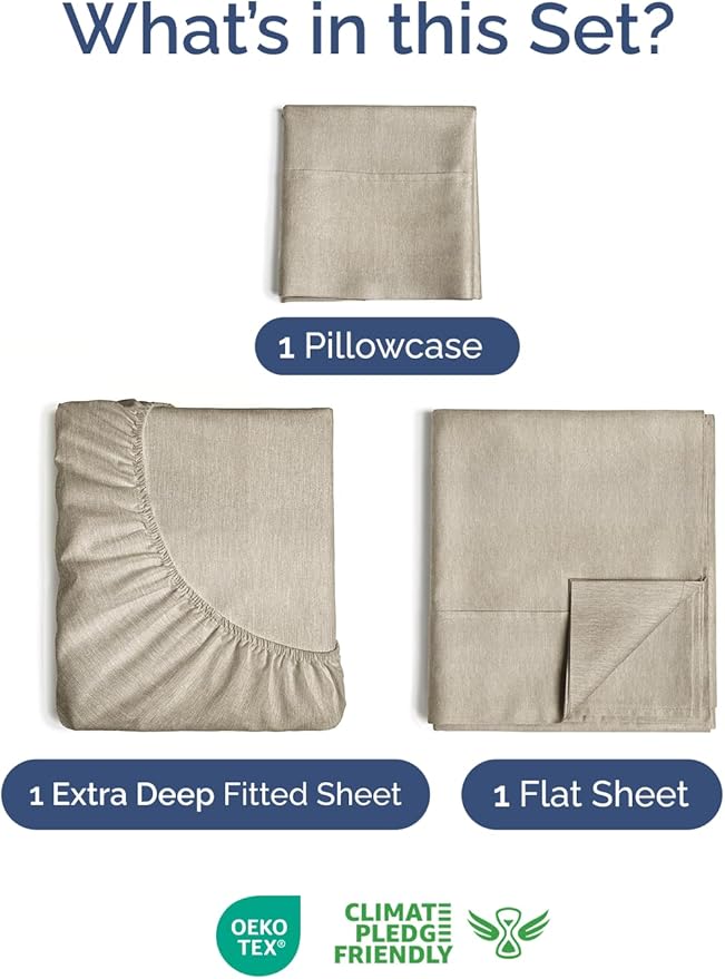 Extra Deep Pocket Twin Sheets - 3 Piece Breathable & Cooling Bed Sheets - Hotel Luxury Bed Sheet Set - Soft, Wrinkle Free & Comfy - Easily Fits Extra Deep Mattresses - Heathered Beige Sheets Set
