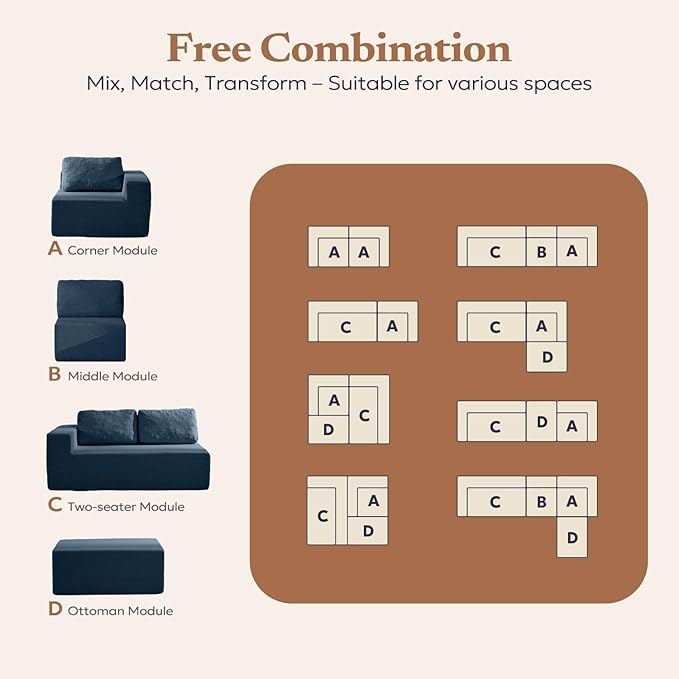 Furnify 30" Modular Upholstered Foam Couch, Upholstered Floor Sofa Couch with Pillow, Bean Bag Chair for Bedroom Living Room, No Assembly Required (Blue, Teddy Boucle)