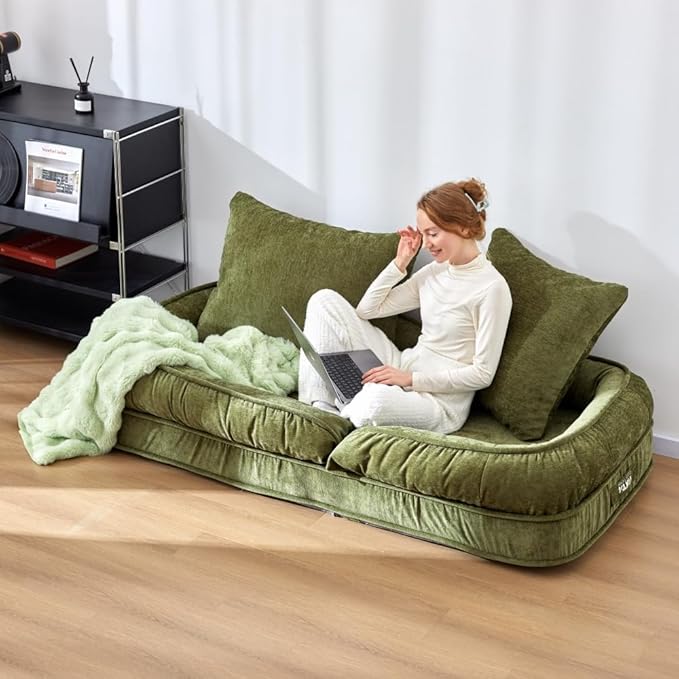LouannTatami Foldable Lazy Sofa Bed Floor Chair - Adjustable Human Dog Bed for Adults Kids Floor Seats - Cozy Small Couch for Home Living Room (Green)
