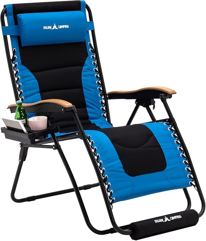 Amopatio Oversized Padded Zero Gravity Chair with Cup Holder, XL 30" Wide Folding Reclining Lounge Chairs with Footrest & Headrest for Indoor and Outdoor, Support 400LBS, Blue