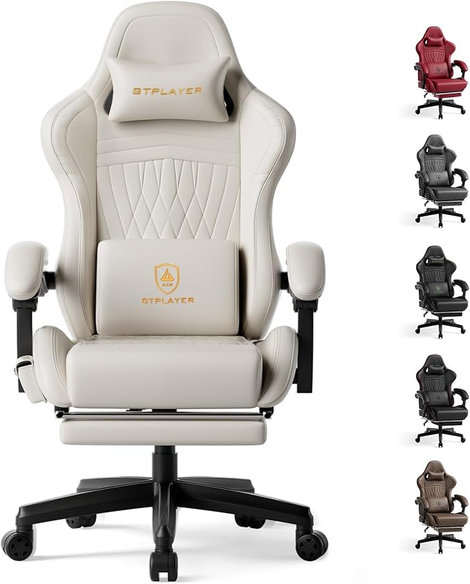 GTPLAYER Gaming Chair with Speakers, Video Game Chairs with Footrest, PC Game Chairs for Adults - Padded High Back Ergonomic Reclining Silla Game, Linkage Armrest, Ace Pro, Cream