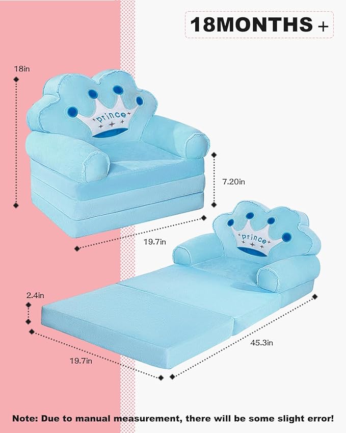 MOONBEEKI Kids Couch Fold Out, Foldable Princess Chair for Toddlers 1-3, Kids Furniture for Playroom, Gift for Birthday Christmas and Halloween, Blue