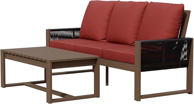 INTER HUT Rustic Hideaway Natural Cedar Wood Outdoor Furniture Set, Wicker Patio Conversation Set for Porch Garden Backyard, Couch and Coffee Table, 2 Piece, Brownish/Red