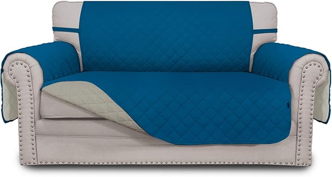 Easy-Going Reversible Loveseat Couch Cover for 2 Cushion Couch Sofa Cover for Dogs Water Resistant Furniture Protector with Foam Sticks Elastic Straps for Pet (Loveseat, PeacockBlue/Beige)