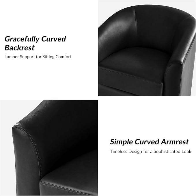 HULALA HOME Faux Leather Swivel Accent Chair with Solid Wood Base, Round Swivel Barrel Chair for Living Room and Bedroom, Black