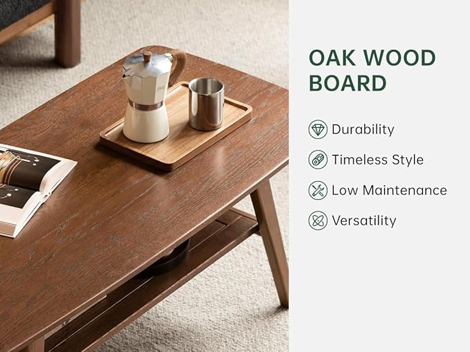 Wayshome 100% Solid Oak Wood Coffee Table for Living Room, 2-Tier Living Room Table with Storage Shelf, Mid Century Modern Coffee Tables (Walnut Colour, 39.37" W x19.68 D x 17.32" H)