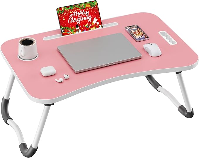 Folding Lap Desk, 23.6 Inch Wood Laptop Bed Desk with Cup Holder, Portable Bed Table for Working Writing Reading & Eating for Bed, Sofa, Couch, Floor - Pink