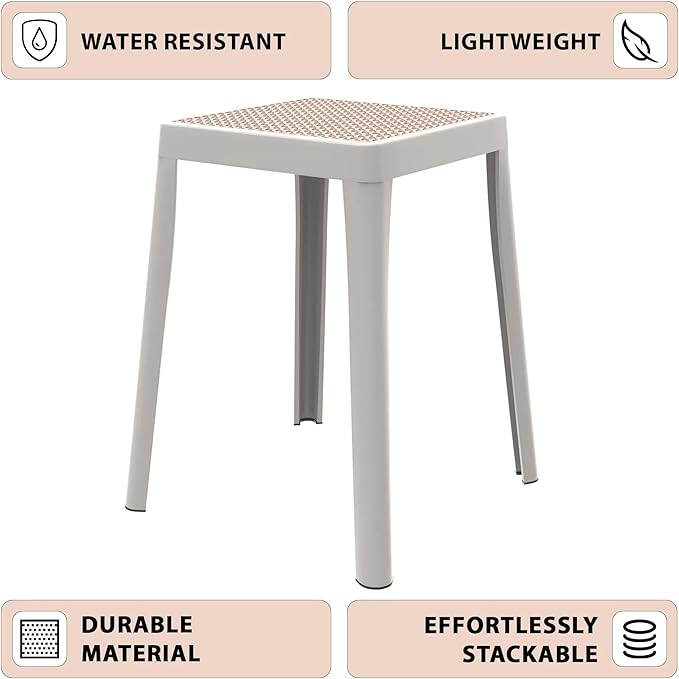 LeisureMod Tresse Mid-Century Modern Square Plastic Dining Stool Set of 2, Stackable Accent Stools with Breathable Seat, Lightweight Seating for Kitchen, Dining Room, Bedroom, or Entryway (White)