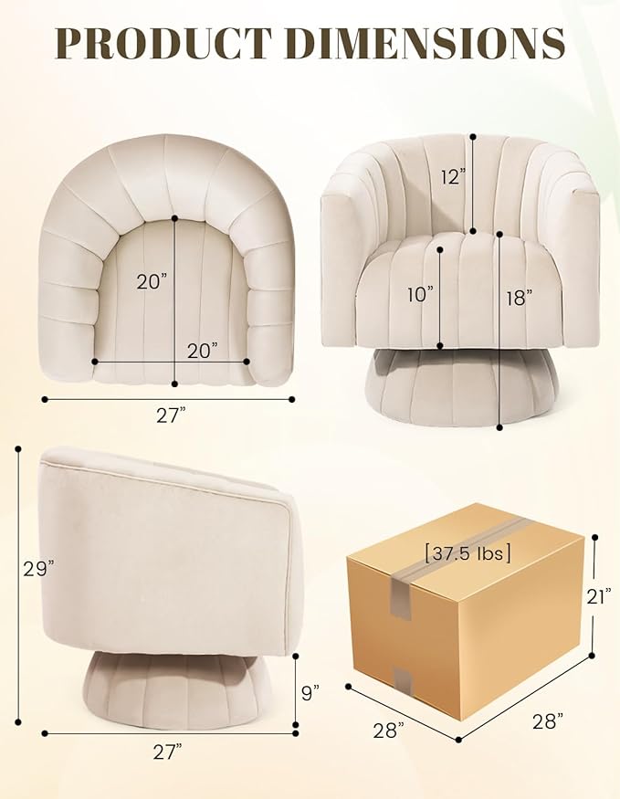 Kromax Swivel Accent Chair with Armrest, Set of 2, Mid Century 360 Degree Swivel Barrel Chair Overstuffed Tufted Velvet, Ideal for Living Room, Bedroom, Reading Room, Beige