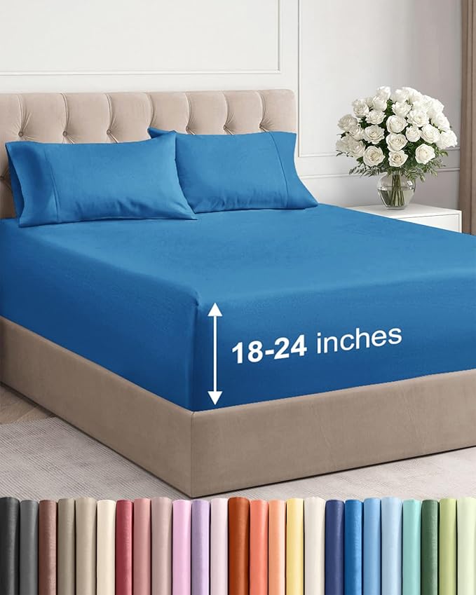 Extra Deep Pocket King Sheets - 4 Piece Breathable & Cooling Bed Sheets - Hotel Luxury Bed Sheet Set - Soft, Wrinkle Free & Comfy - Easily Fits Extra Deep Mattresses - Deep Pocket Denim Blue Sheets