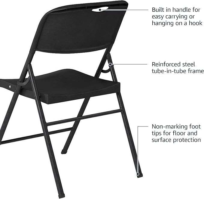 Amazon Basics Foldable Portable Sturdy Folding Plastic Chair, 350-Pound Capacity, Black, 2-Pack