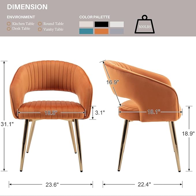 COMULER Orange Velvet Dining Chairs Gold Legs, Modern Dining Room Chairs with Arms Set of 2 Upholstered Accent Chair Armchair with Barrel Back for Kitchen Living Room