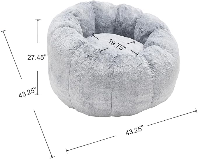 LukeAlon Faux Fur Bean Bag Chair with Filler & Petal Armrest Fluffy Floor Sofa Chair for Adults, 44"×44"×26" Cozy Seating for Bedroom, Living Room, Game Room (Grey)
