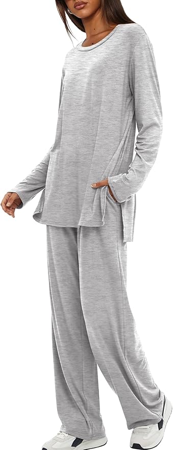 Darong Women's 2 Piece Lounge Set Casual Long Sleeve Crew Neck Tops Wide Leg Pants Travel Airport Outfit Matching Sets