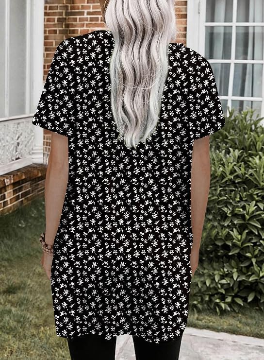 Poetsky Summer Womens Tunic Tops for Leggings with Pockets Short Sleeve Casual Long T Shirts S-3XL