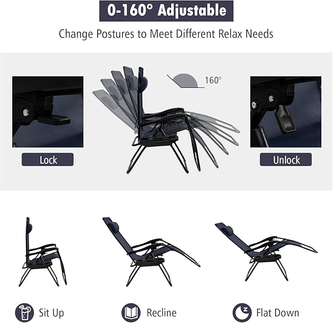 Tangkula Zero Gravity Chair, Folding Patio Lounge Chair Adjustable Outdoor Recliner with Cup Holder, Wide Armrest for Patio Garden Poolside Outdoor Yard Beach, Support 350 lbs (1, Navy Blue)
