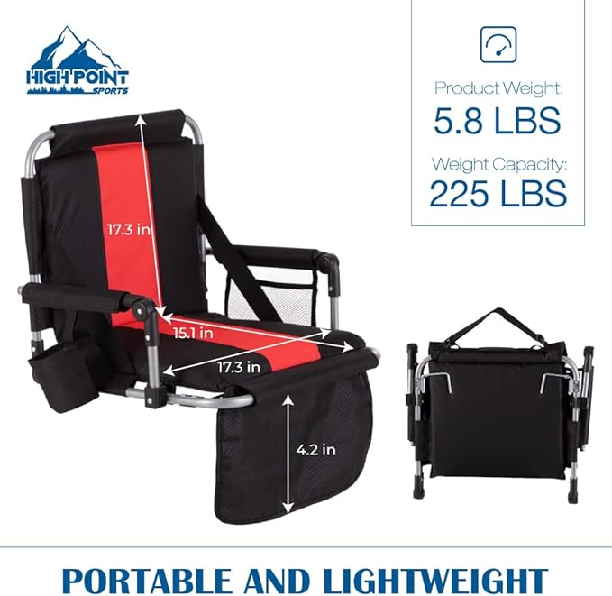 HIGH POINT SPORTS Foldable Stadium Seat Portable Folding Stadium Chairs Padded Bleacher Seat Cushion Bleacher Chair with Armrest and Cup Holder