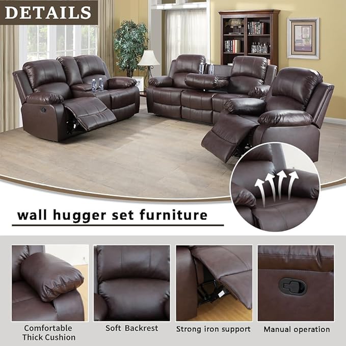 AYCP Bonded Leather Living Room Furniture Set Reclining Sofa Set Loveseat Furniture Sets in Living Room Sofa Recliners (3 Pieces, Brown)