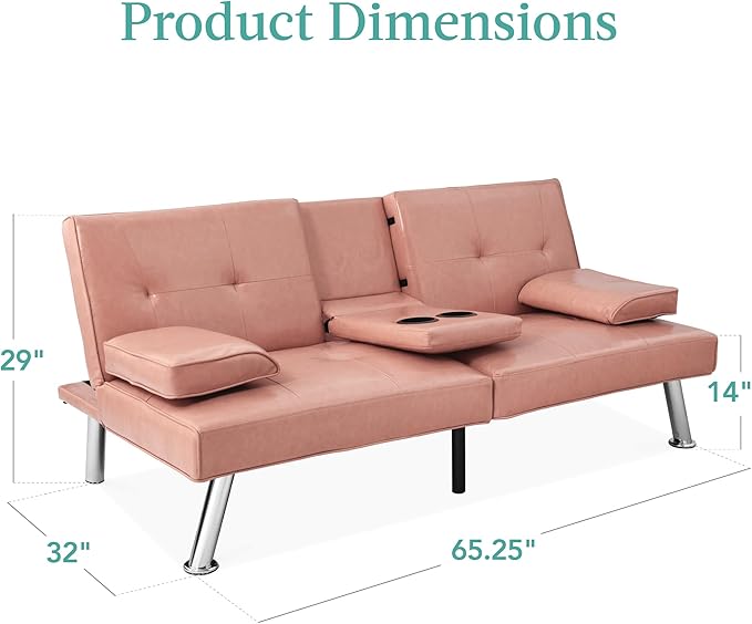 Best Choice Products Faux Leather Upholstered Modern Convertible Futon, Adjustable Folding Sofa Bed, Guest Bed w/Removable Armrests - Pink