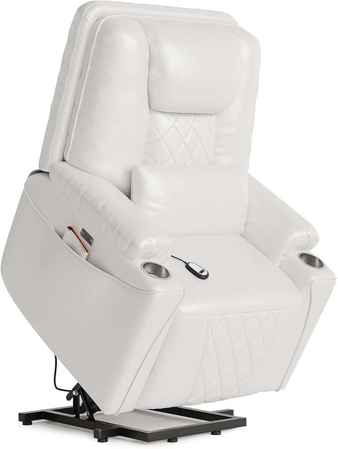 Power Lift Recliner Chair, Easy Lift Assist for Elderly, 3-Position Recline, Storage Pockets & Cup Holders, USB Charging Ports, Remote Control Operation, Living Room or Bedroom Comfort, White