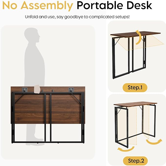 Folding Desk - 31.5" Wood Top Foldable Desk for Small Spaces | No Assembly Required Compact Desk for Home Office, Writing, and Study