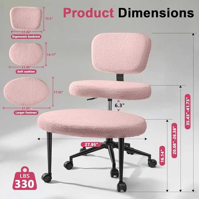 Waleaf Ergonomic Cross Legged Office Chair with Wheels, ADHD Chair for Adults, Meditation Chair, Yoga Office Chair (Pink)