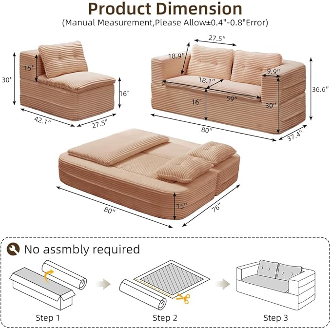 80" Foldable Floor Couch, 3-Seat Convertible Sleeper Sofa with Chaise Lounge, Blanket and 3 Soft Pillows, Corduroy Fabric, for Living Room, Bedroom, Apartment, No Assembly Required, Pink