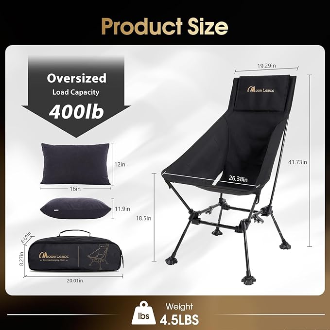 MOON LENCE Oversized High Back Camping Chair with Pillow for Adults, Height Adjustable Folding Camping Chair with 400 lbs Capacity, Hidden Pillow Pocket for Camping, Hiking, Picnics, Black
