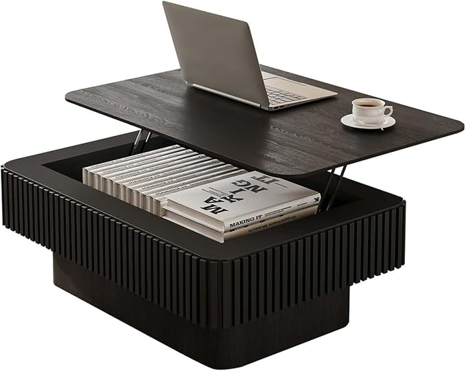FGXJY Lift Top Coffee Table with Storage, Solid Wood Coffee Table with Adjustable Height, Fluted Center Table Accent Tea Table for Living Room, Apartment, Office (38.6" Black)