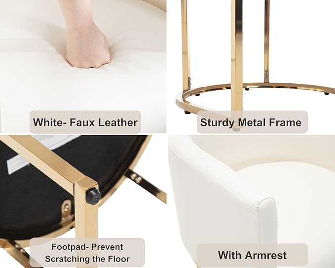VESCASA Faux Leather Upholstered Dining Chairs with Barrel Back, Modern Padded Restaurant Chairs with Gold Metal Frame for Kitchen, Dining Room, Set of 3, White