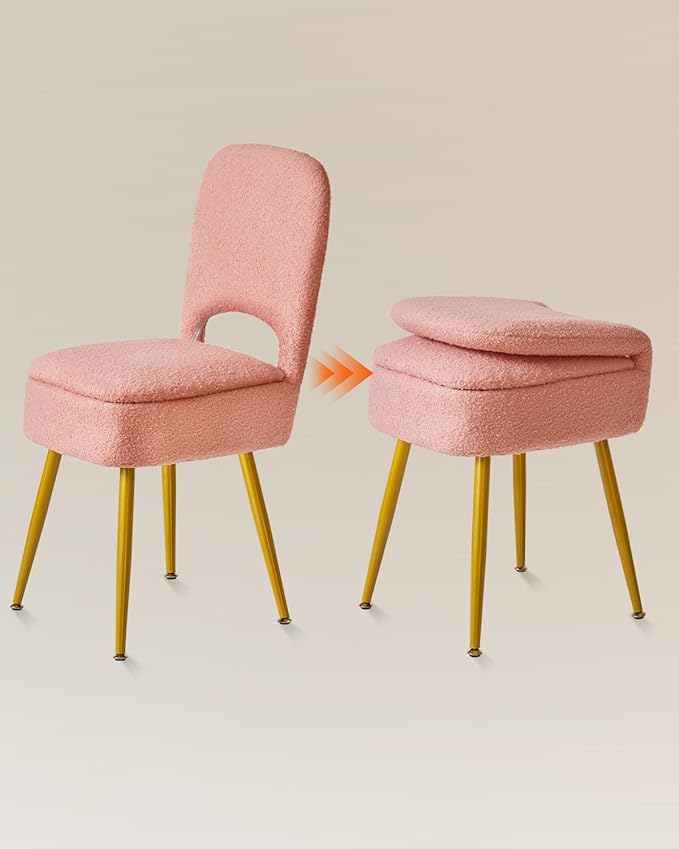 IBUYKE Small Storage Vanity Stool with Folding Backrest, 12.99" x 13.78" x 31.5" Square Teddy Velvet Ottoman, Makeup Chair for Living Room, 4 Metal Legs with Anti-Slip Feet, Pink WBD027P