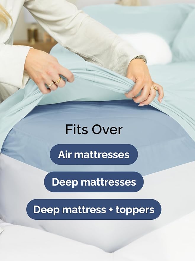 Extra Deep Pocket Queen Sheet Set - 4 Piece Breathable & Cooling Bed Sheets - Hotel Luxury Sheet Set - Soft, Wrinkle Free and Comfy - Easily Fits Extra Deep Mattresses - Deep Pocket Ice Blue Sheets