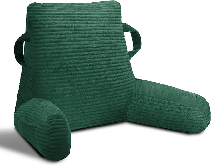 ABROLOY Reading Pillow for Sitting in Bed Adult, Bed Reading Pillow with Shredded Memory Foam, Back Pillow for Sitting with Arms and Pockets, Green